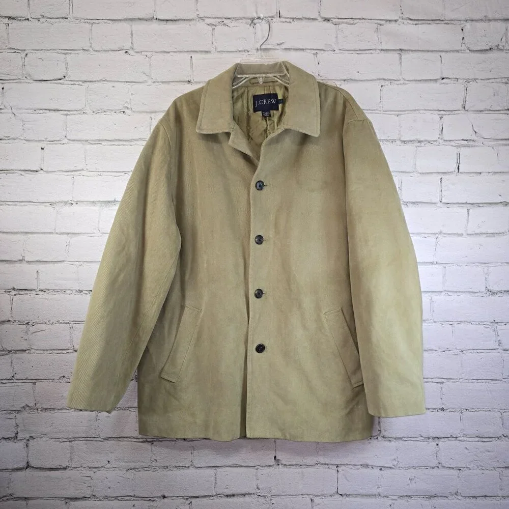 J CREW BARN COAT SIZE LARGE KHAKI GREEN LINED BUTTON-UP WINTER WARM EUC MENS